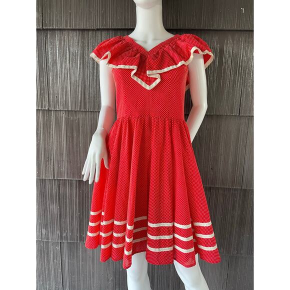 🔥Vintage 80s Swiss Polkadots Striped Ruffled Overlay Full Skirt Dopamine Dress - Picture 1 of 17